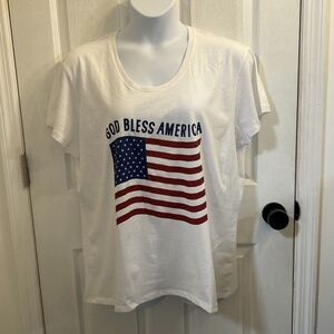 Ladies 2XL God Bless America T-Shirt White USA Flag Graphic Tee 100% Cotton